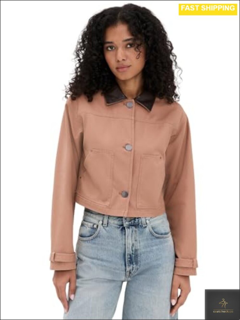 LE BOP Cropped Canvas Jacket Faux Leather Trim Button Front Casual